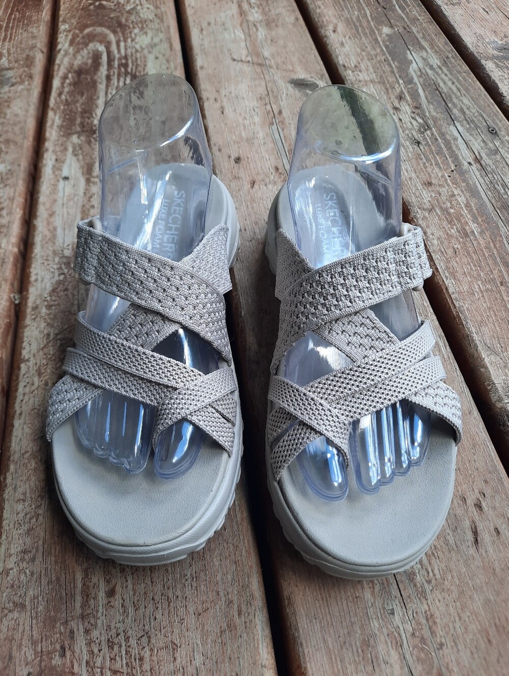 Skechers Luxe Foam Strappy Criss-cross Slide Sandals Taupe Comfort Sole Size 8 - Picture 7 of 15